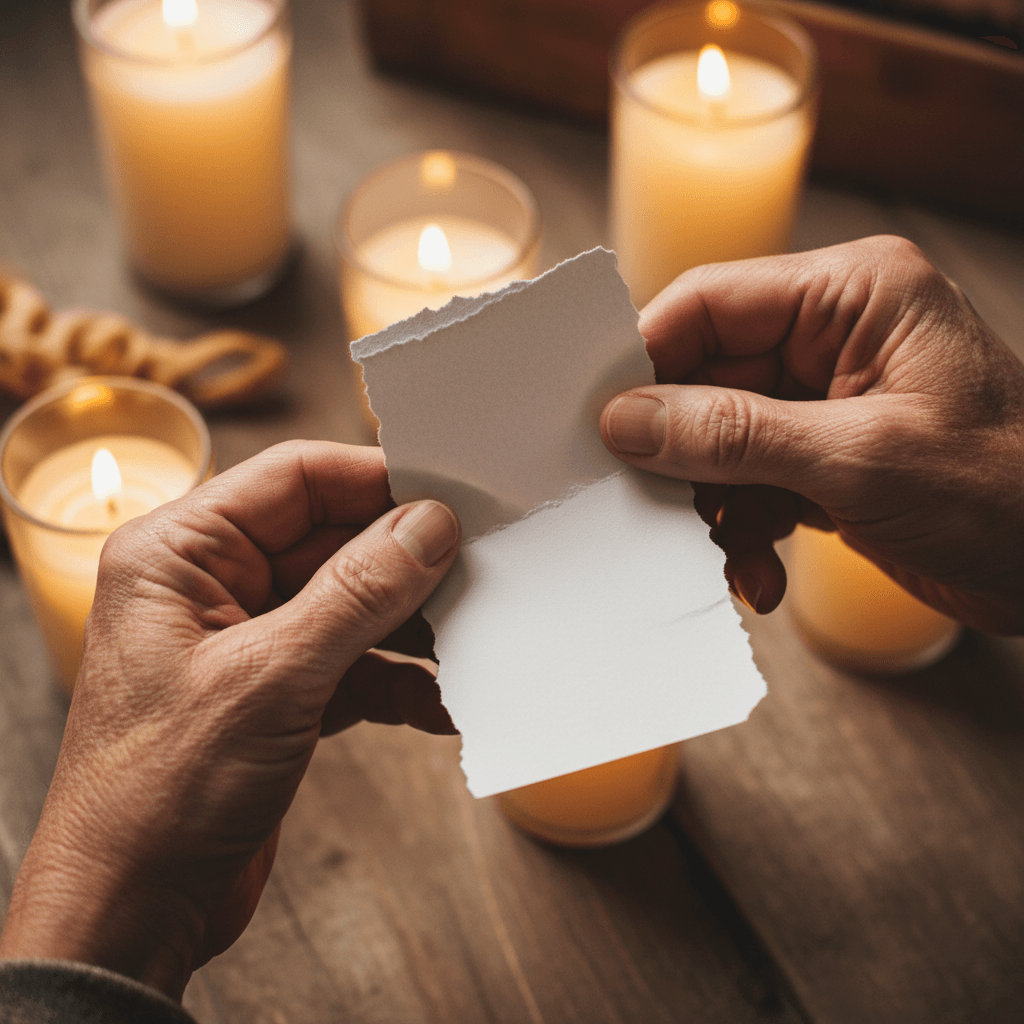 Weathered hands holding torn paper in candlelit setting, symbolizing release of limiting beliefs and emotional transformation Weathered hands holding torn paper in candlelit setting, symbolizing release of limiting beliefs and emotional transformation