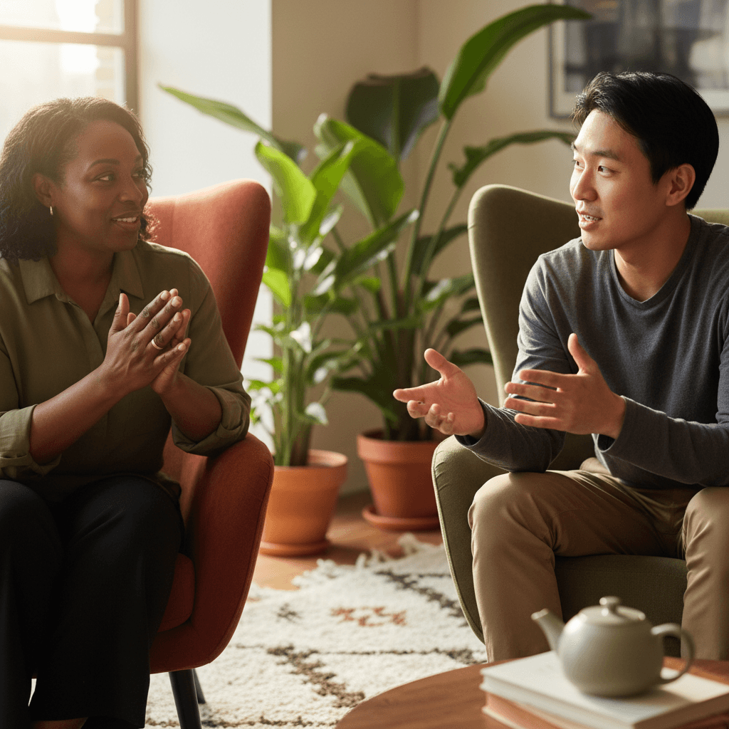 Two diverse individuals in meaningful conversation, one listening attentively in a comfortable, plant-filled wellness space with natural light Two diverse individuals in meaningful conversation, one listening attentively in a comfortable, plant-filled wellness space with natural light